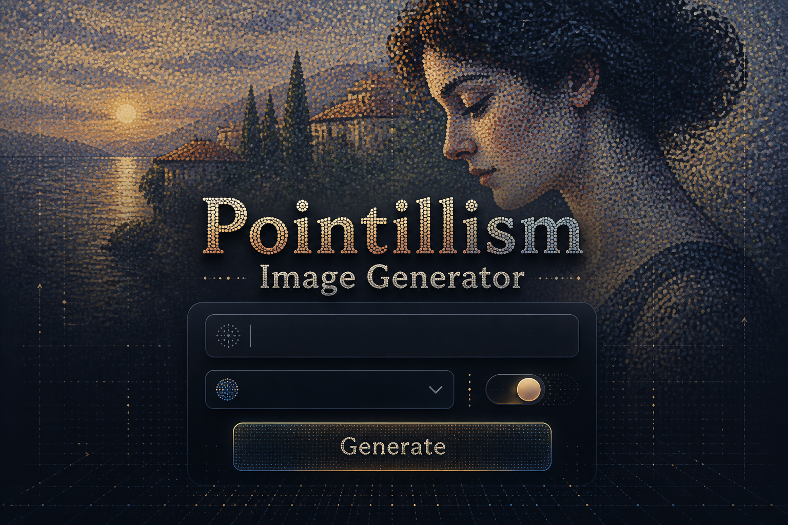 Centered hero graphic for a pointillism image generator tool with the title Pointillism Image Generator in soft-shadow typography, a prompt field, style dropdown, detail toggle and Generate button, over a fading pointillist portrait background with subtle grid dots and arrows.