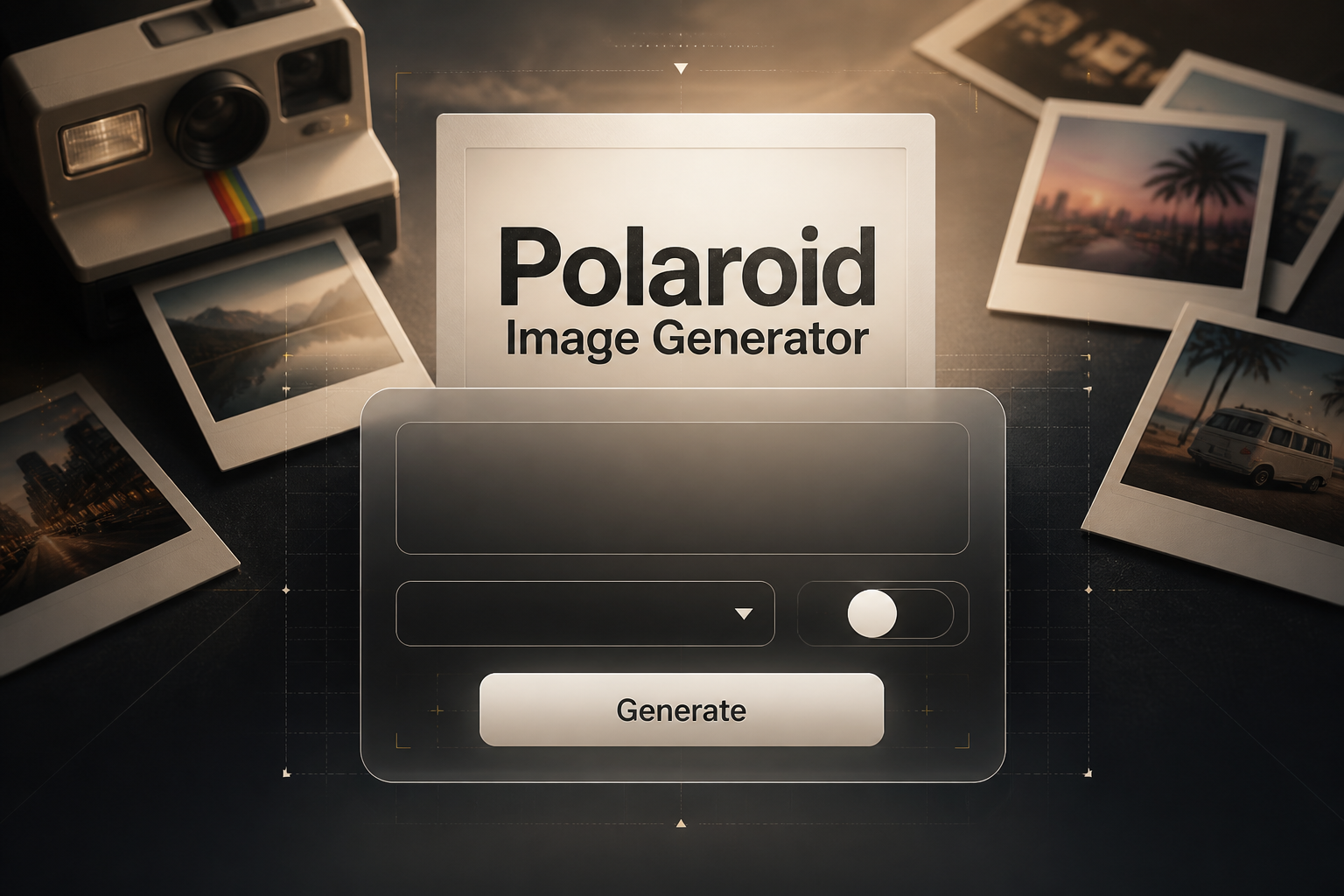 Centered hero graphic for a polaroid image generator tool with "Polaroid Image Generator" in soft shadow, a clean prompt field, dropdown, toggle, and Generate button, set over a premium instant photo creation UI with fading snapshots.