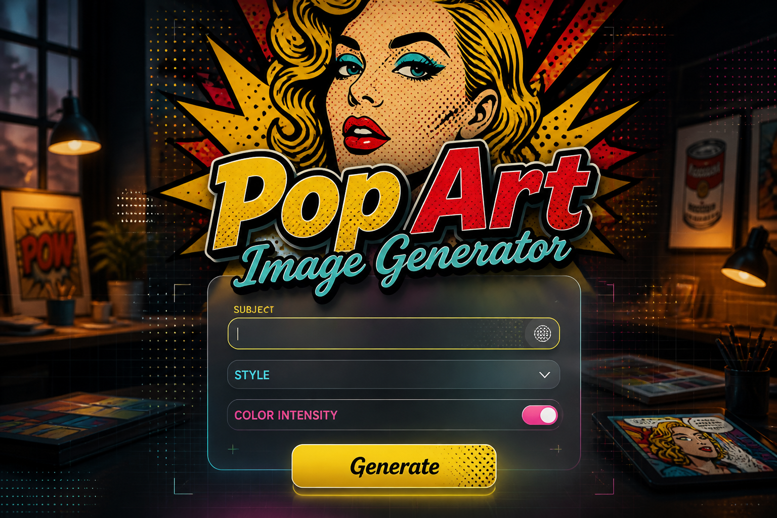 Centered hero image of a pop art image generator UI with the title Pop Art Image Generator, a subject field, style dropdown, color intensity toggle, and Generate button, set over a sleek studio background with halftone accents.