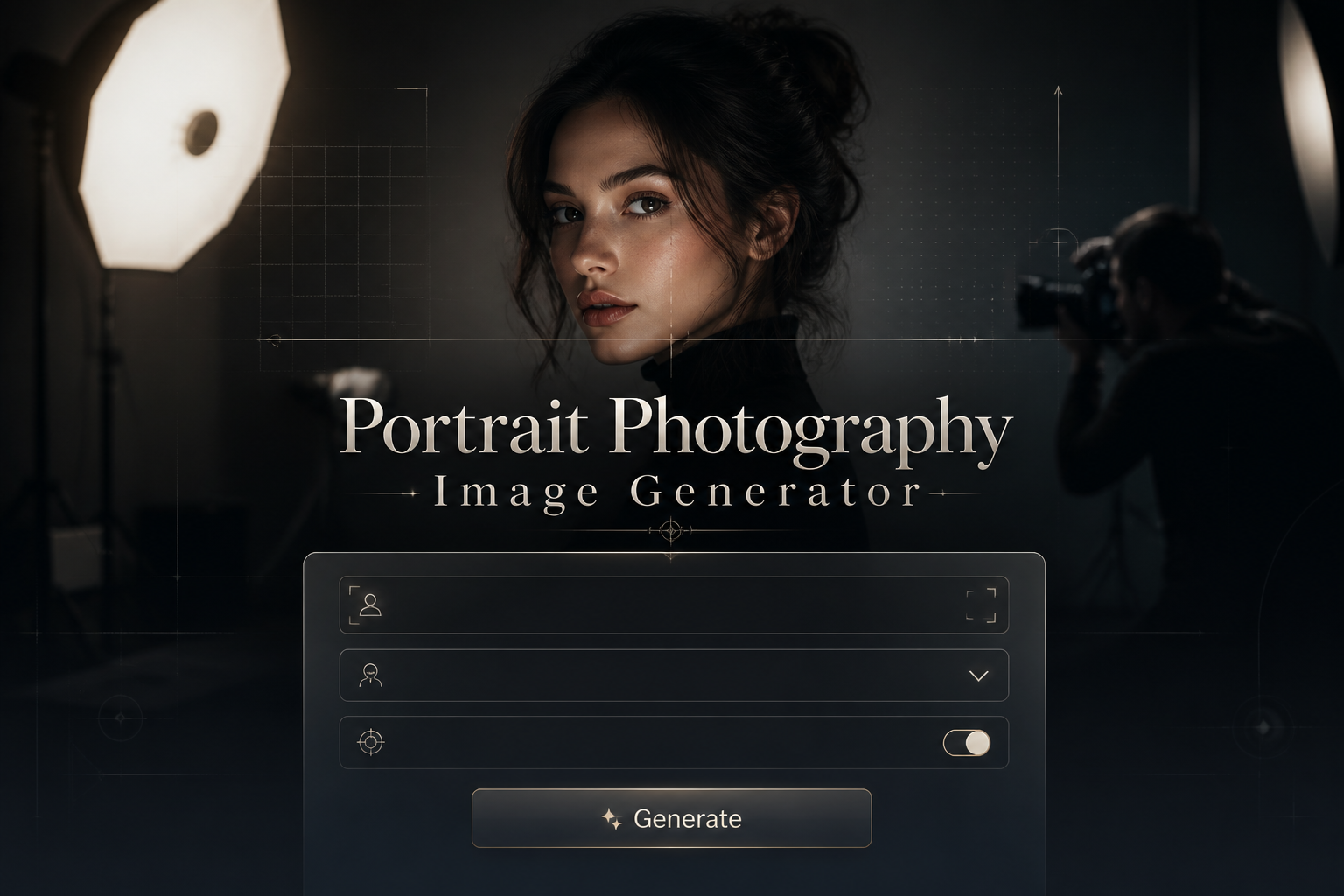 Centered hero UI for a portrait photography image generator with the title Portrait Photography Image Generator, a subject description field, portrait style dropdown, background blur toggle, and Generate button over a sleek studio portrait scene.