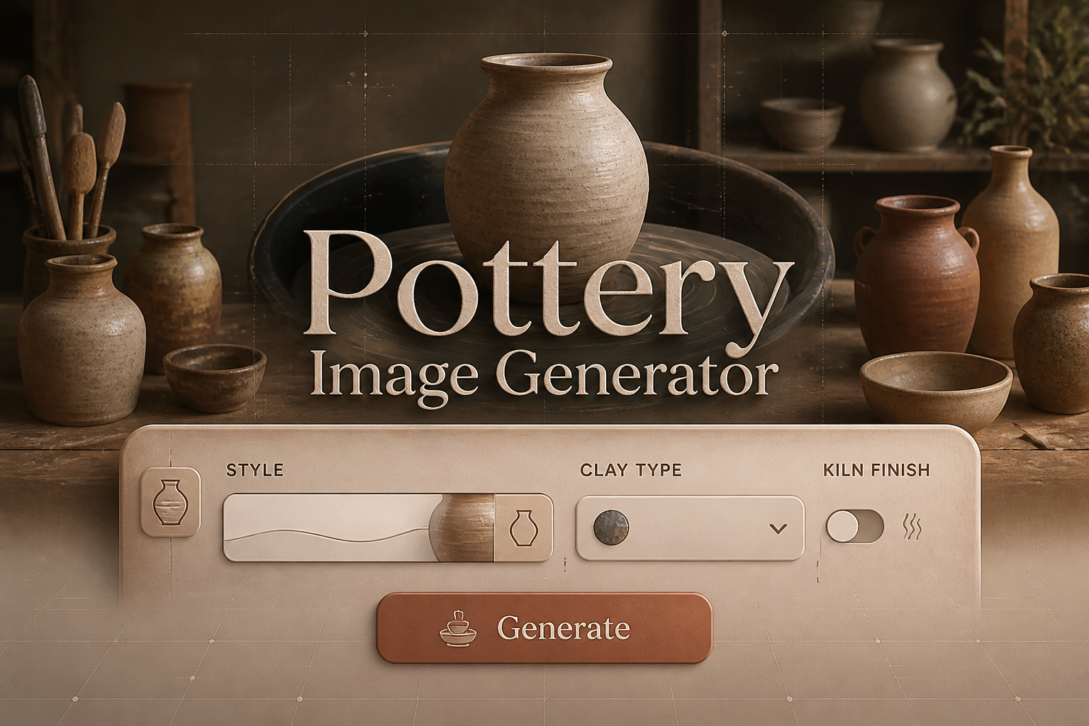Centered hero image for a pottery image generator featuring a refined UI panel with a style input, clay type dropdown, kiln finish toggle, and Generate button over a fading pottery studio with wheel and handcrafted vessels.