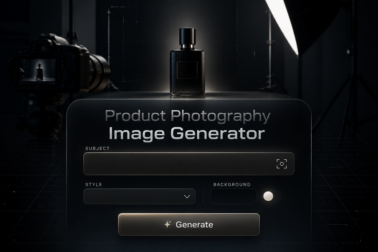 Centered hero graphic for a product photography image generator, with the title text and a sleek UI panel showing subject, style, background, and a Generate button over a premium real-life product shoot scene with subtle grid lines and shadows.