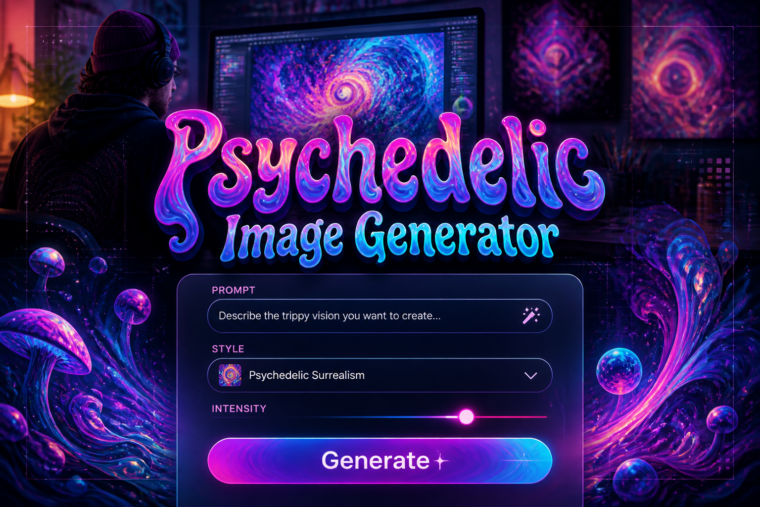Featured hero image for a psychedelic image generator tool with a centered neon UI panel, prompt field, style dropdown, intensity toggle, and Generate button, set over a vivid surreal artist-screen background with psychedelic image generator interface design.