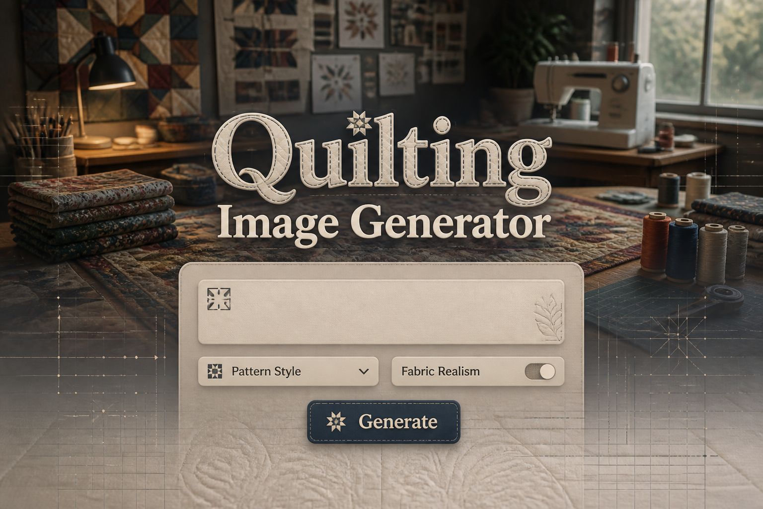 Hero banner for a quilting image generator with stitched UI text, a prompt field, pattern style dropdown, fabric realism toggle, and Generate button over a designer workspace with fabric, patchwork pieces, thread spools, and sewing table.