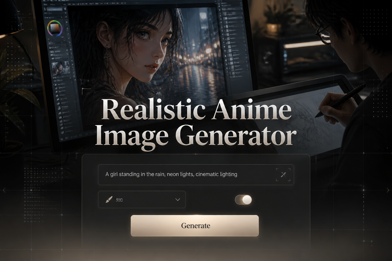 A premium featured hero image shows the text Realistic Anime Image Generator above a sleek UI panel with a prompt field, style dropdown, detail toggle, and Generate button, set over a digital artist anime workspace in a realistic anime image generator tool scene.