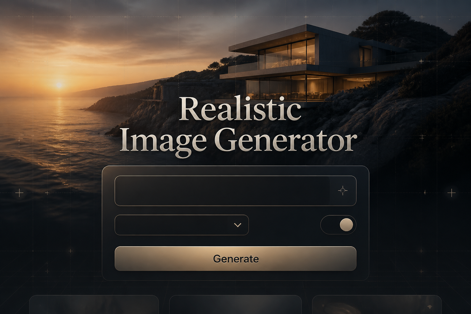 Centered hero graphic for a realistic image generator tool with a sleek UI panel, prominent prompt field, compact style dropdown, realism toggle, and Generate button, plus the title Realistic Image Generator over a deep fading real-life scene.