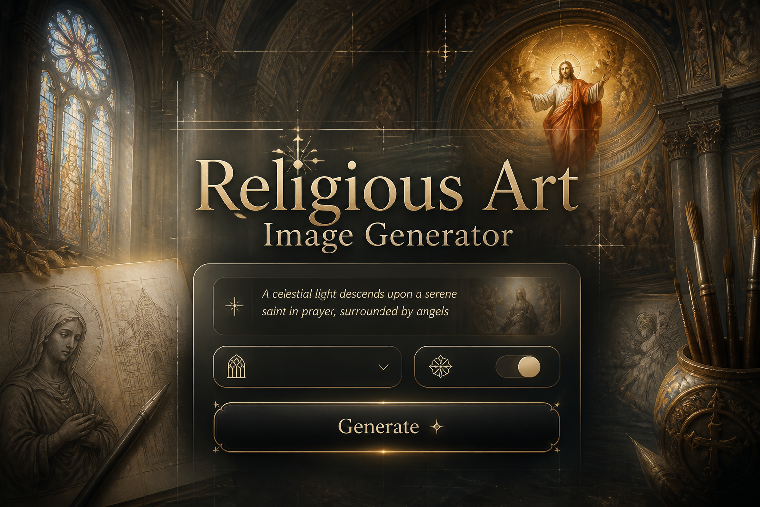 Centered hero UI for a religious art image generator with the title text, a prompt field, style dropdown, sacred motif toggle, and Generate button, over a luminous cathedral-art background and devotional illustration elements.