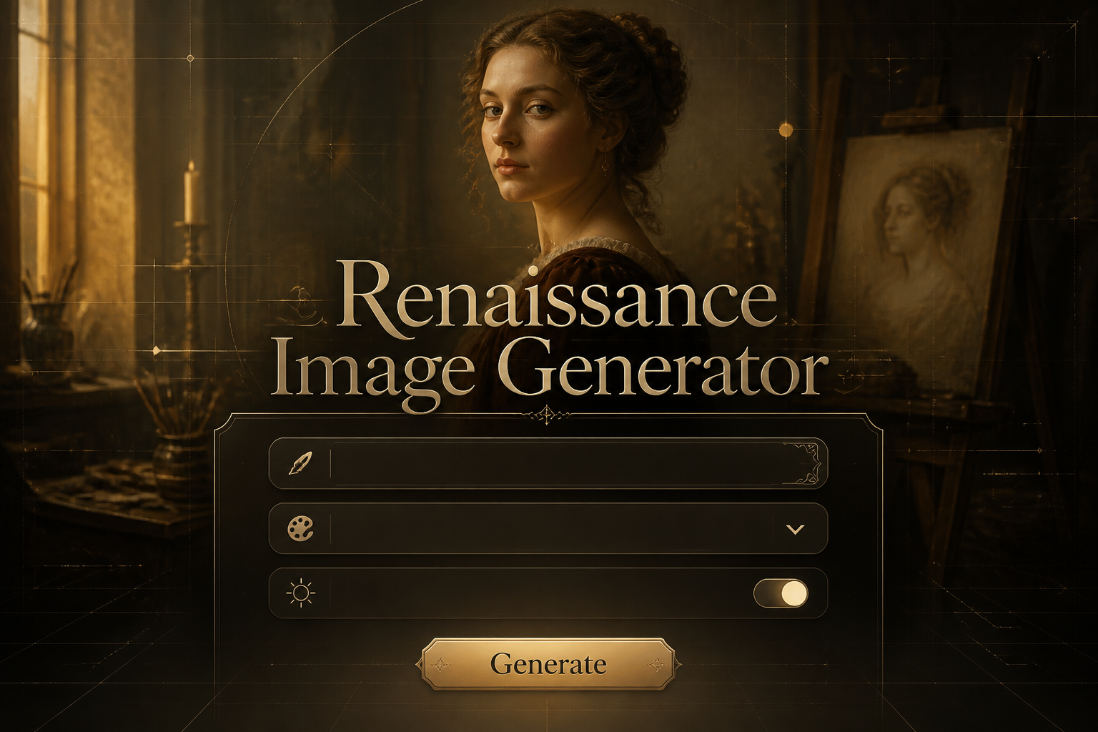 Elegant hero banner for a renaissance image generator showing the title "Renaissance Image Generator," a refined UI panel with portrait scene input, art style dropdown, golden light toggle, and Generate button over a painterly studio backdrop.