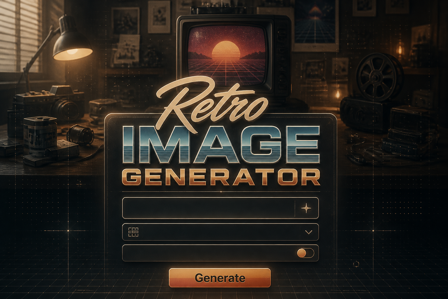 Centered retro image generator hero with a soft-shadow title, polished prompt field, retro style dropdown, vintage grain toggle, and Generate button over a sleek workspace background for a retro image generator tool.