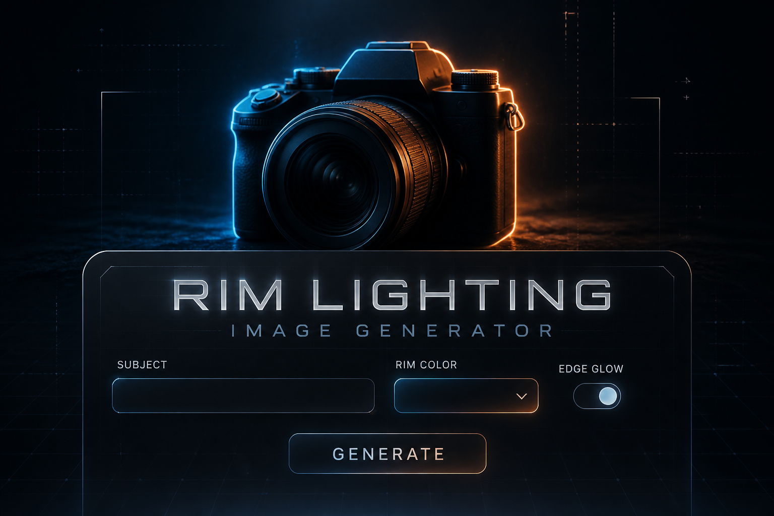 Centered hero graphic with the title Rim Lighting Image Generator over a sleek UI panel showing subject, rim color dropdown, edge glow toggle, and Generate button, with a polished rim lighting image generator interface and a softly lit product portrait background.