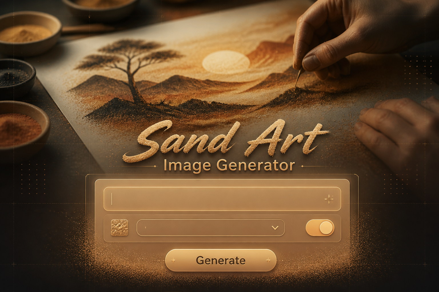 Premium hero image for a sand art image generator with centered "Sand Art Image Generator" title, prompt field, style dropdown, color drift toggle, and Generate button, fading into layered sand particles over hands shaping colorful sand art on paper.