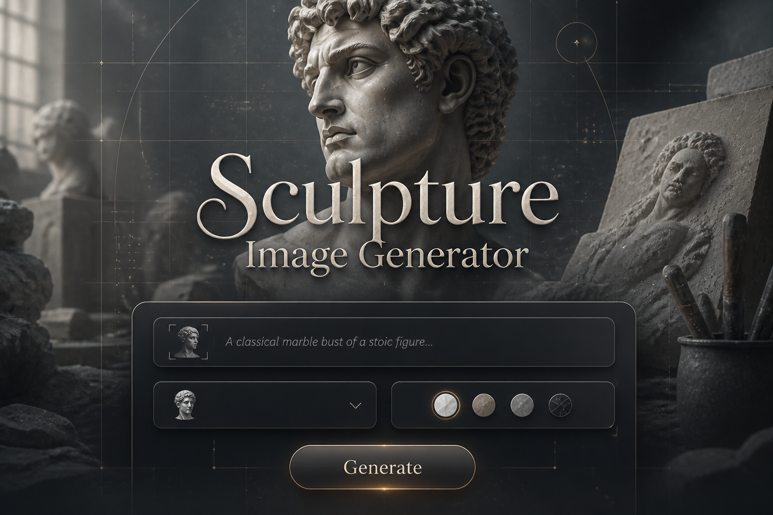 Centered hero graphic for a Sculpture Image Generator with elegant title text, a refined UI panel showing a prompt field, style dropdown, material toggle, and Generate button, plus marble dust, carved forms, and subtle grid accents in the background.