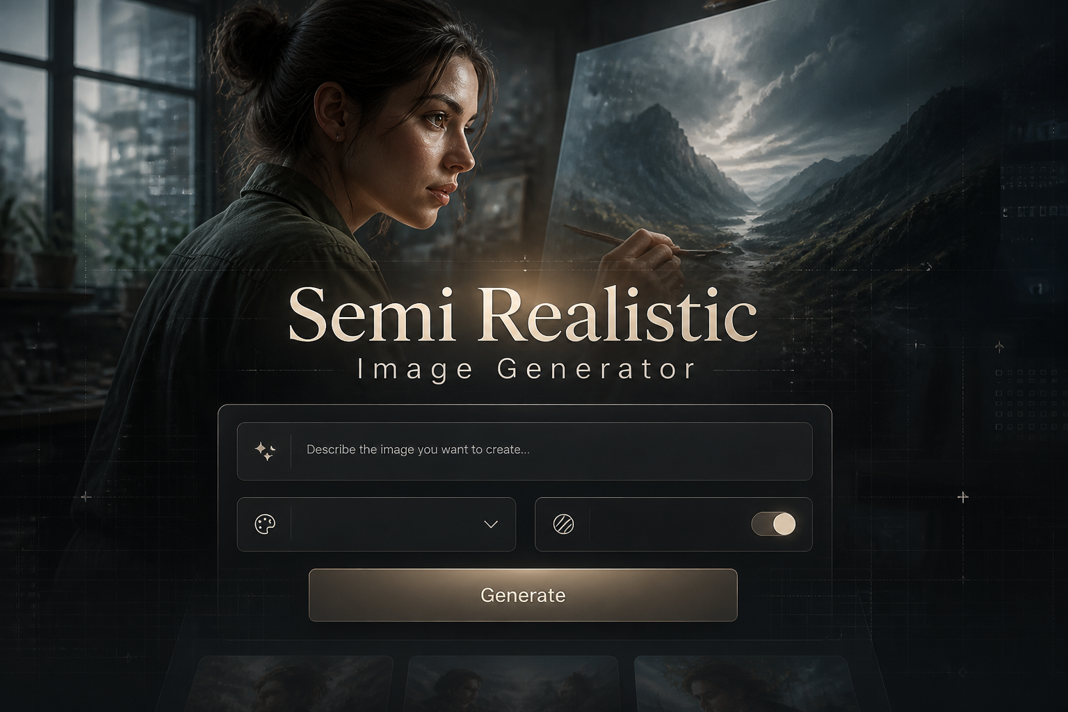 A polished hero graphic shows "Semi Realistic Image Generator" above a sleek centered panel with a prompt input, style dropdown, realism toggle, and Generate button, set over a dark premium UI with faint grids and subtle alignment arrows.