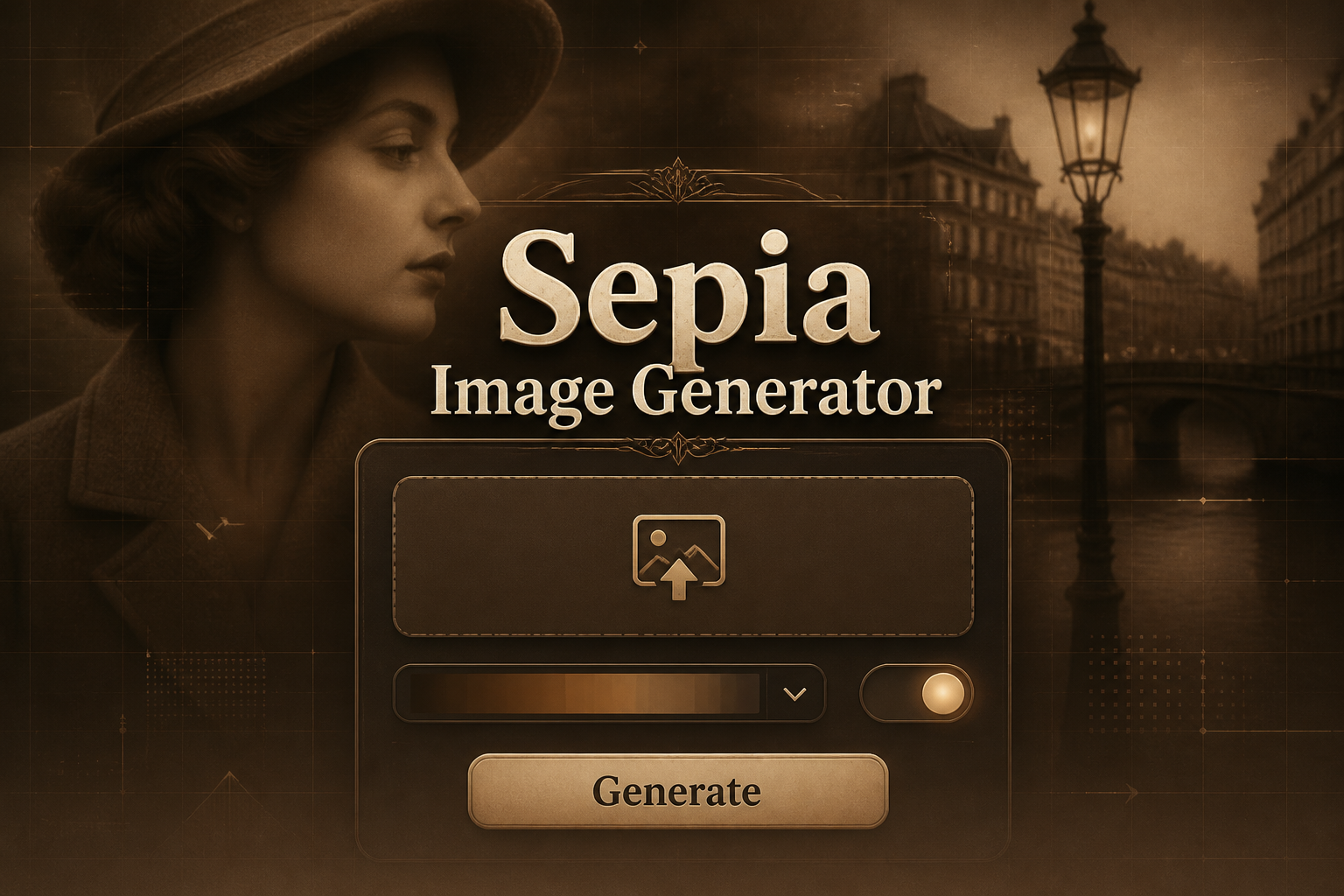 Sepia Image Generator hero graphic with a centered refined UI panel, prominent upload field, tone dropdown, sepia toggle and Generate button, set in warm brown and cream tones for a sepia photo editor tool.
