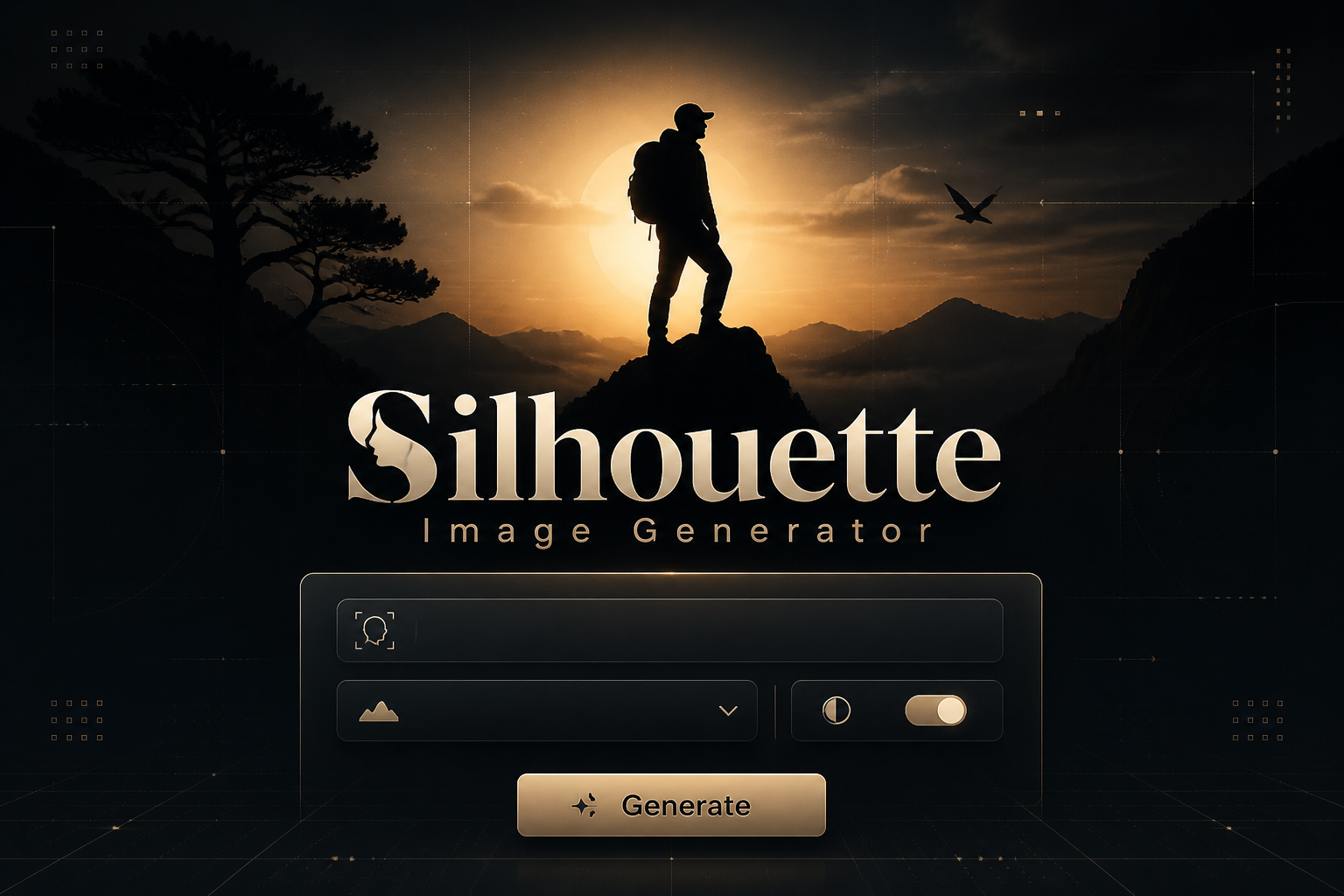 Centered hero mockup for a silhouette image generator with the title Silhouette Image Generator, a prompt field, silhouette style dropdown, background contrast toggle, and Generate button over a sleek high-contrast silhouette design interface.