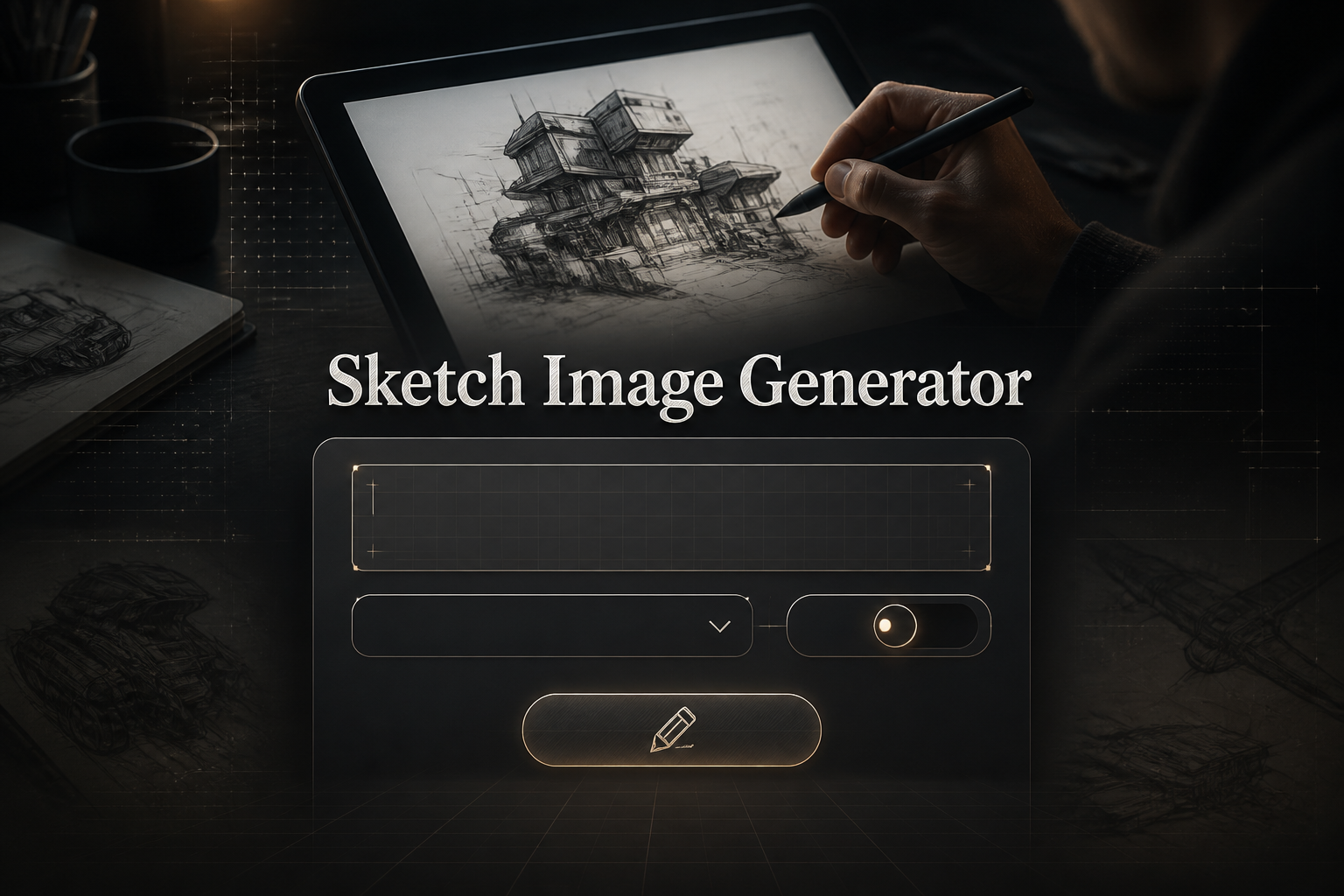 A centered hero panel for a Sketch Image Generator shows the title with soft shadow, a sketch prompt field, style dropdown, roughness toggle and Generate button over an artist sketching on a tablet, with subtle grid and construction marks.