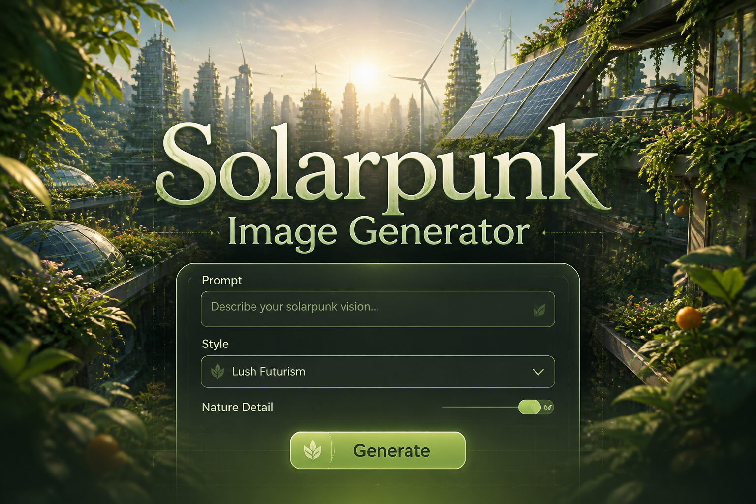 Featured hero image for a solarpunk image generator showing a centered smart UI panel with a prompt field, style dropdown, eco toggle, and Generate button over a lush rooftop-garden solarpunk cityscape with subtle grid lines and futuristic clarity.