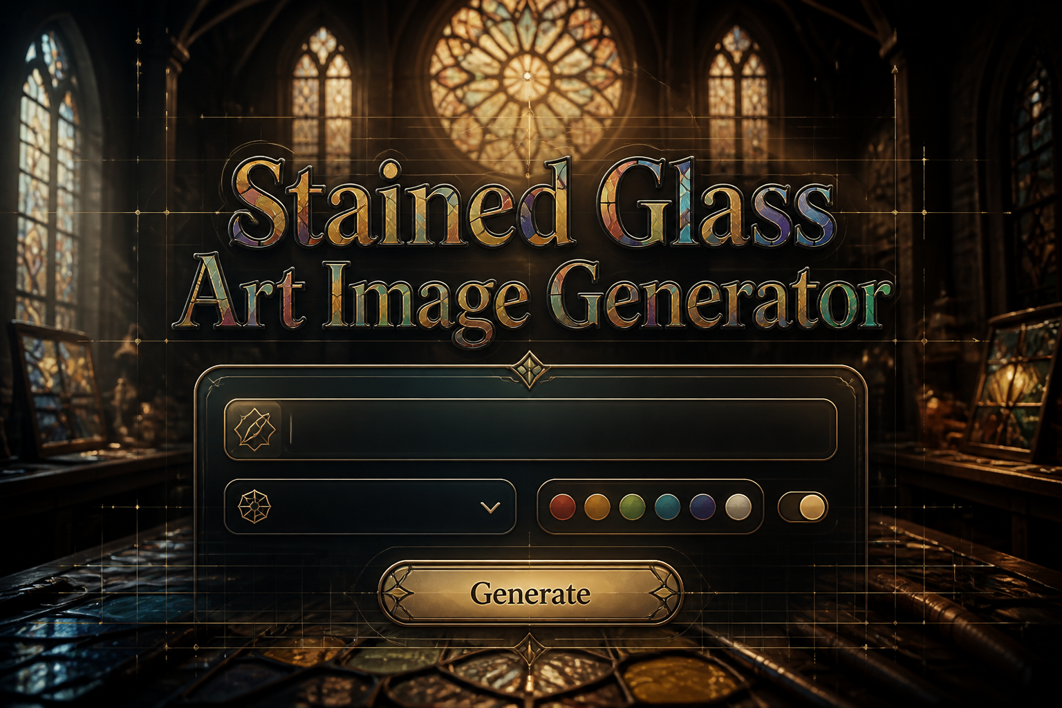 Centered hero image of a stained glass art tool UI with the title Stained Glass Art Image Generator, a prompt field, style dropdown, color palette toggle, and Generate button over a glowing cathedral workshop background.
