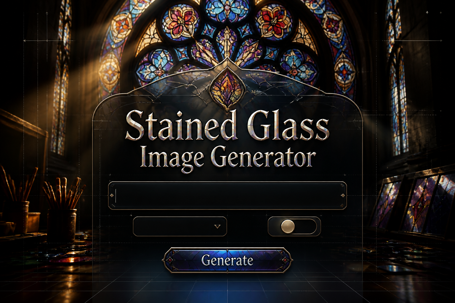 Centered hero graphic for a stained glass image generator with elegant "Stained Glass Image Generator" title, a prompt field, clean dropdown, style toggle and Generate button over a glowing cathedral stained glass background with subtle UI grid details.