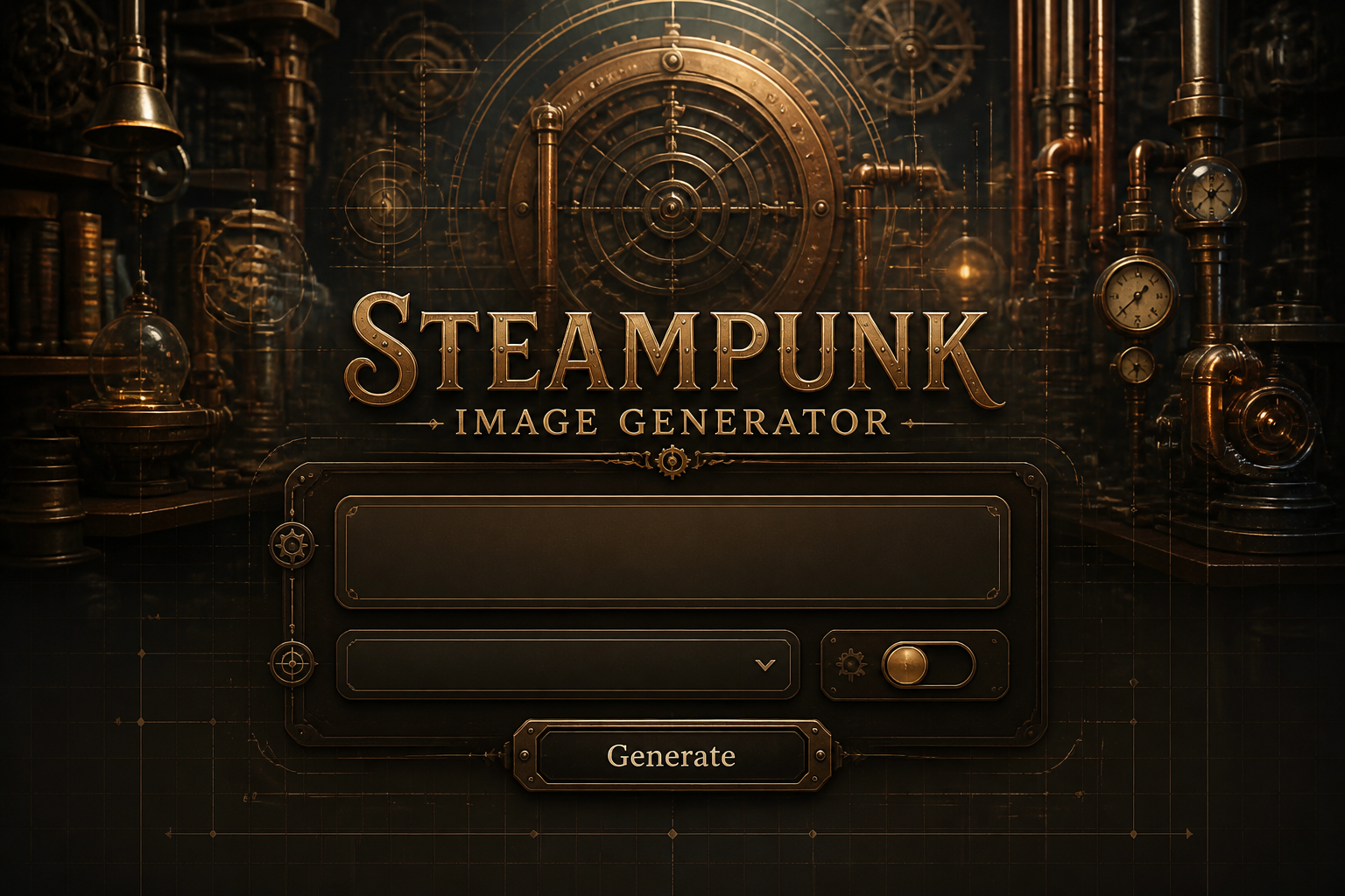 Centered steampunk image generator hero with subtle shadowed title, a refined UI panel with prompt field, style dropdown, refinement toggle, and Generate button over a brass workshop background, perfect for steampunk image generator tool design.