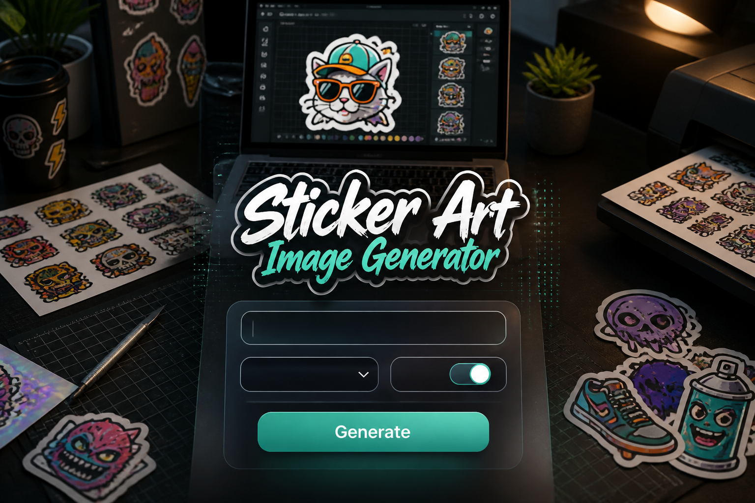Centered hero UI for Sticker Art Image Generator shows a polished panel with a sticker prompt input, blank dropdown, cutout/outline toggle, and Generate button over colorful sticker sheets and a design workspace, like a custom sticker art generator interface.