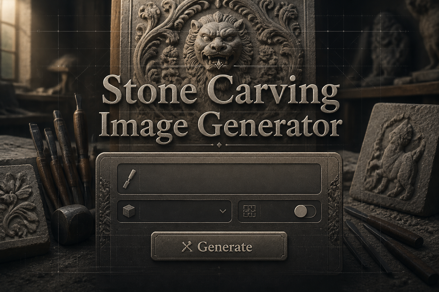 Centered hero graphic for a stone carving image generator showing the title Stone Carving Image Generator above a sleek UI panel with prompt field, material dropdown, detail toggle, and Generate button over a dark stone workshop with chisels and carved relief fragments.