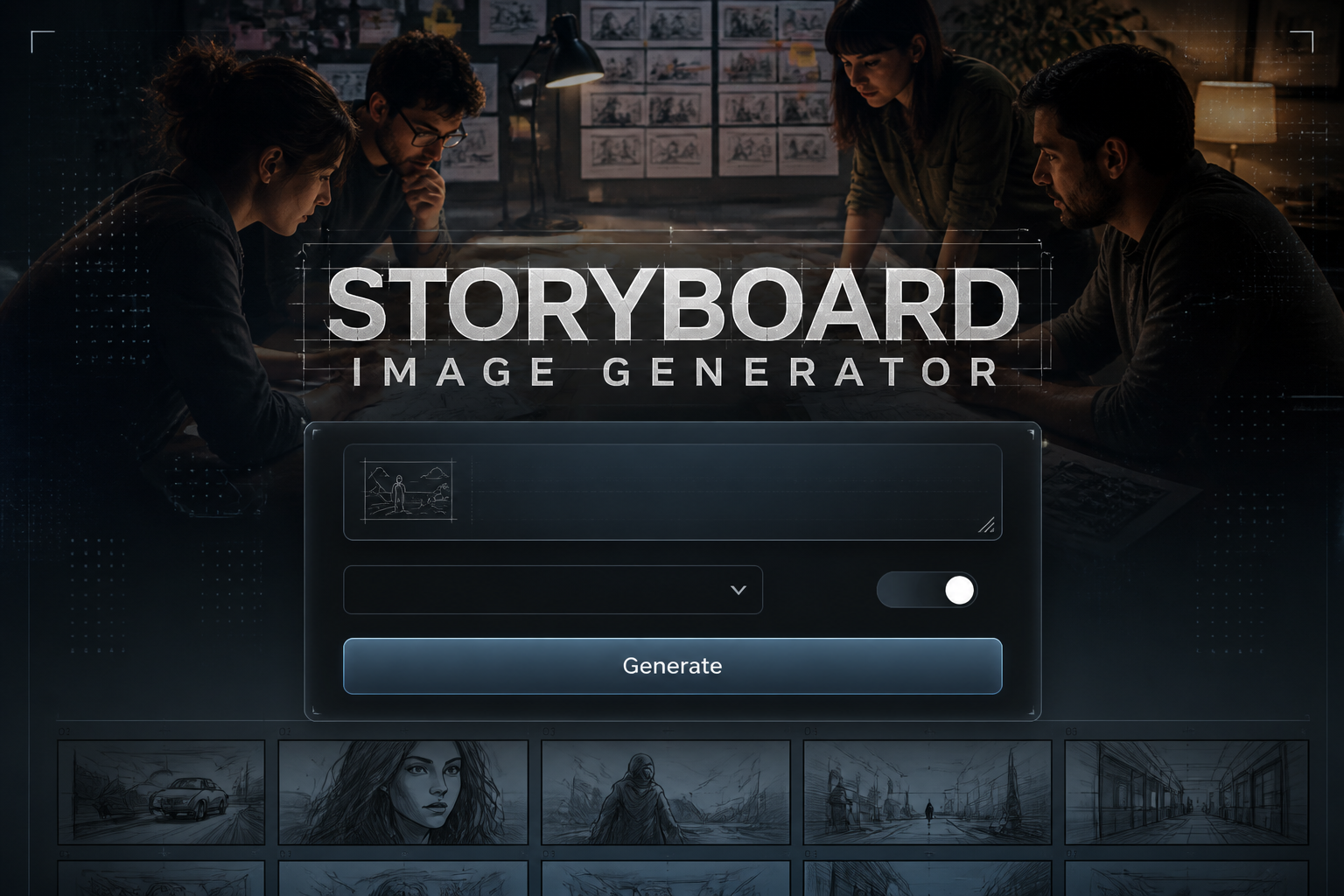 Centered hero graphic for a storyboard image generator with the title Storyboard Image Generator, a concept input, scene style dropdown, panel sequence toggle, and Generate button over a premium storyboard workflow workspace.