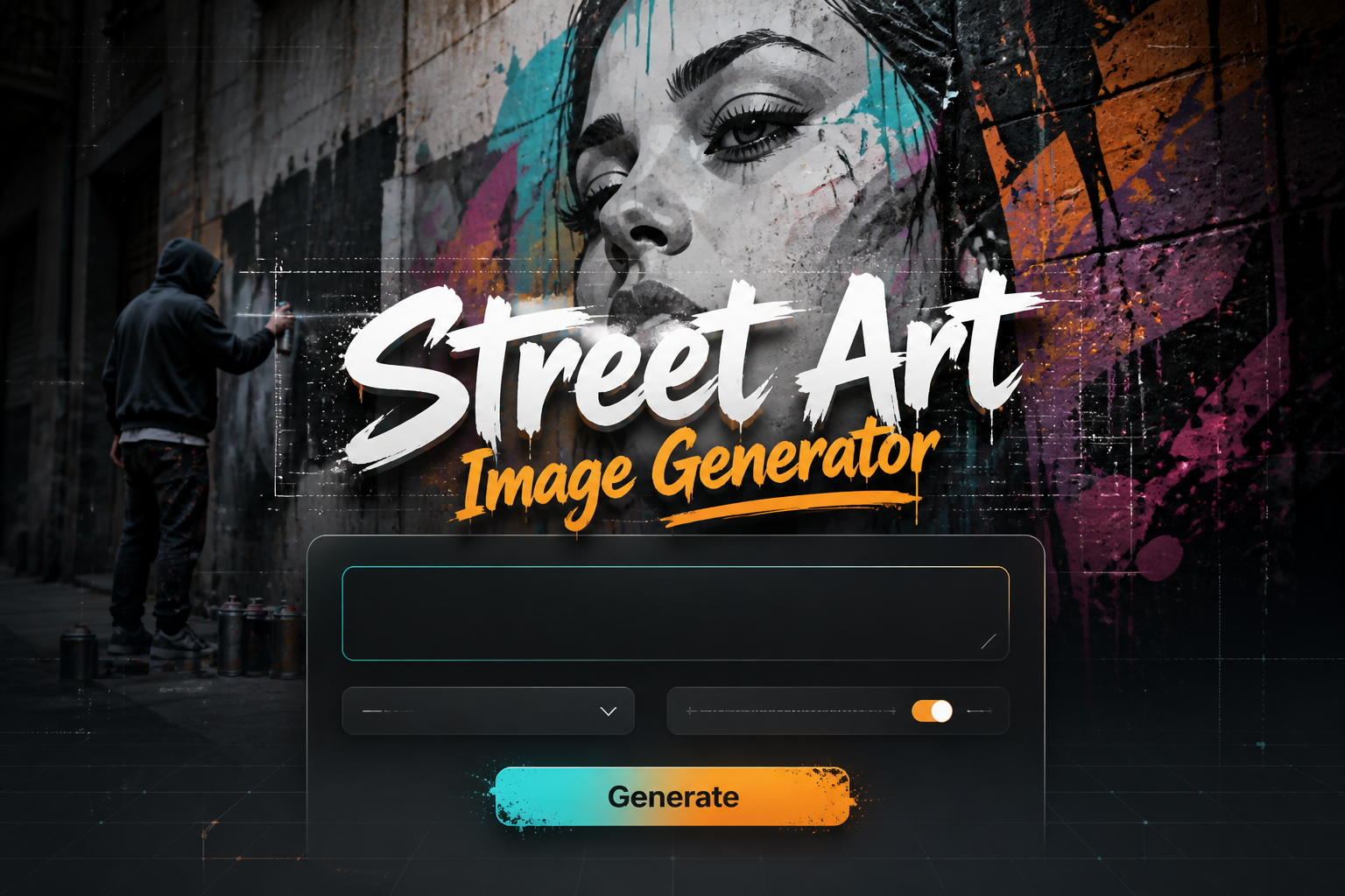 Centered hero graphic for a street art image generator with the title text Street Art Image Generator, a sleek form panel with prompt input, style dropdown, intensity toggle, and Generate button, plus bold urban mural textures and premium UI accents.