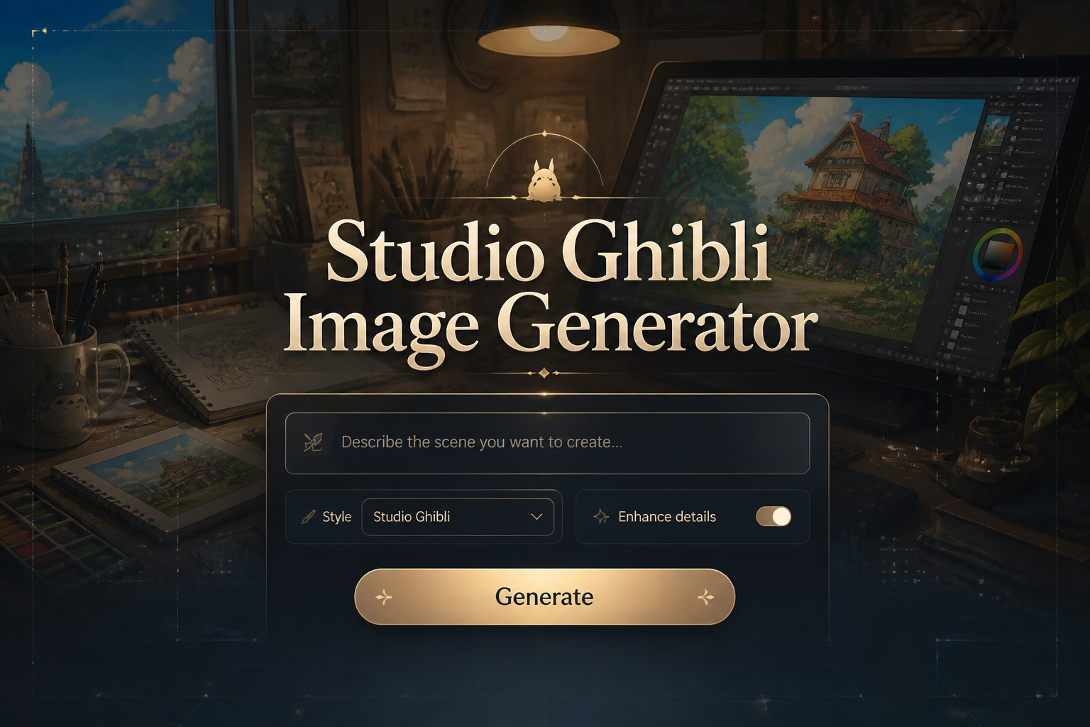 Studio Ghibli Image Generator hero graphic with a centered smart UI panel, prompt field, style dropdown, toggle, and Generate button, over a magical artist desk scene with sleek grid details and cinematic shadowed title text.