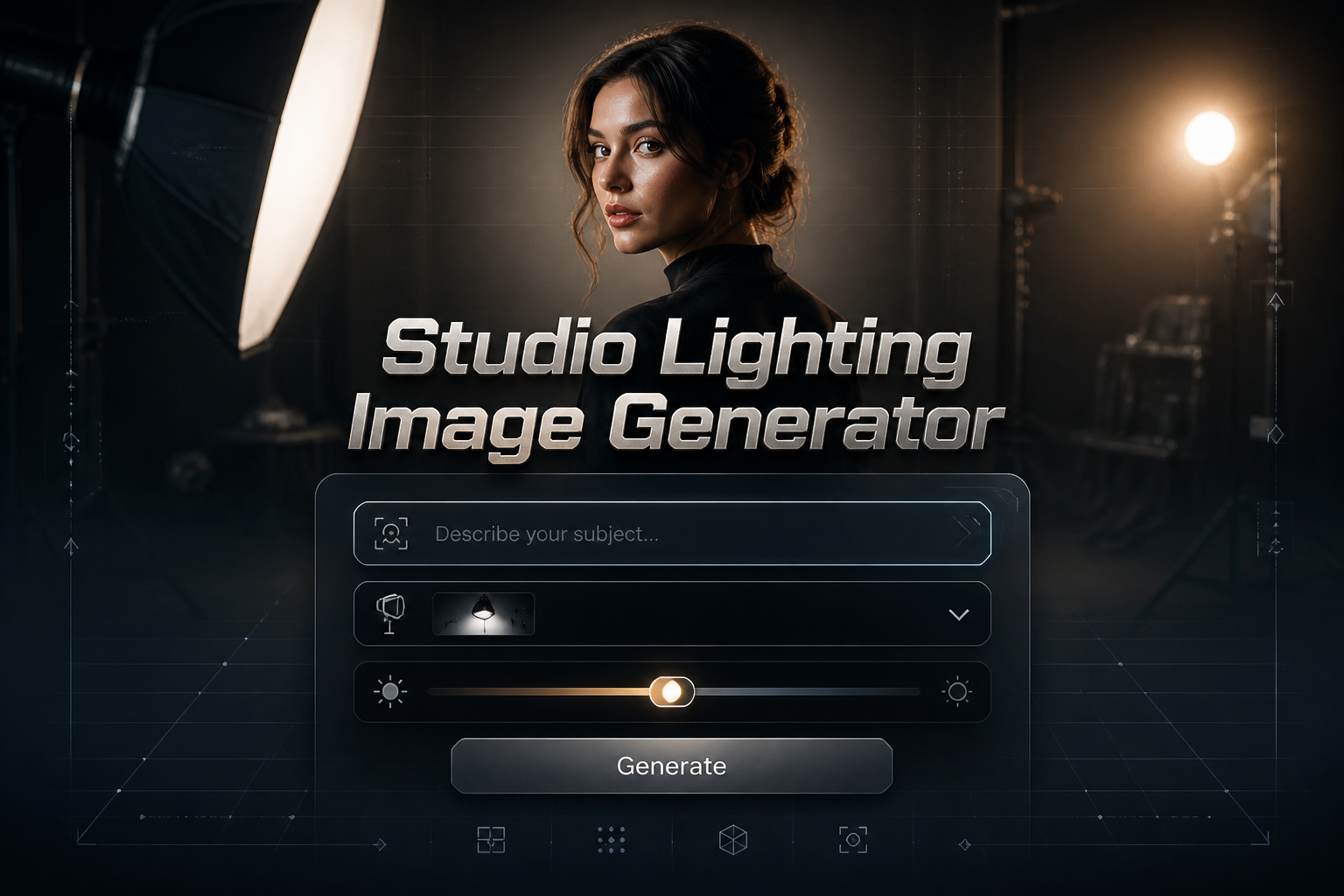 Centered hero graphic for a studio lighting image generator showing a refined UI panel with subject description, lighting style dropdown, toggle, and Generate button over a lit portrait studio background with softbox glow and premium interface details.