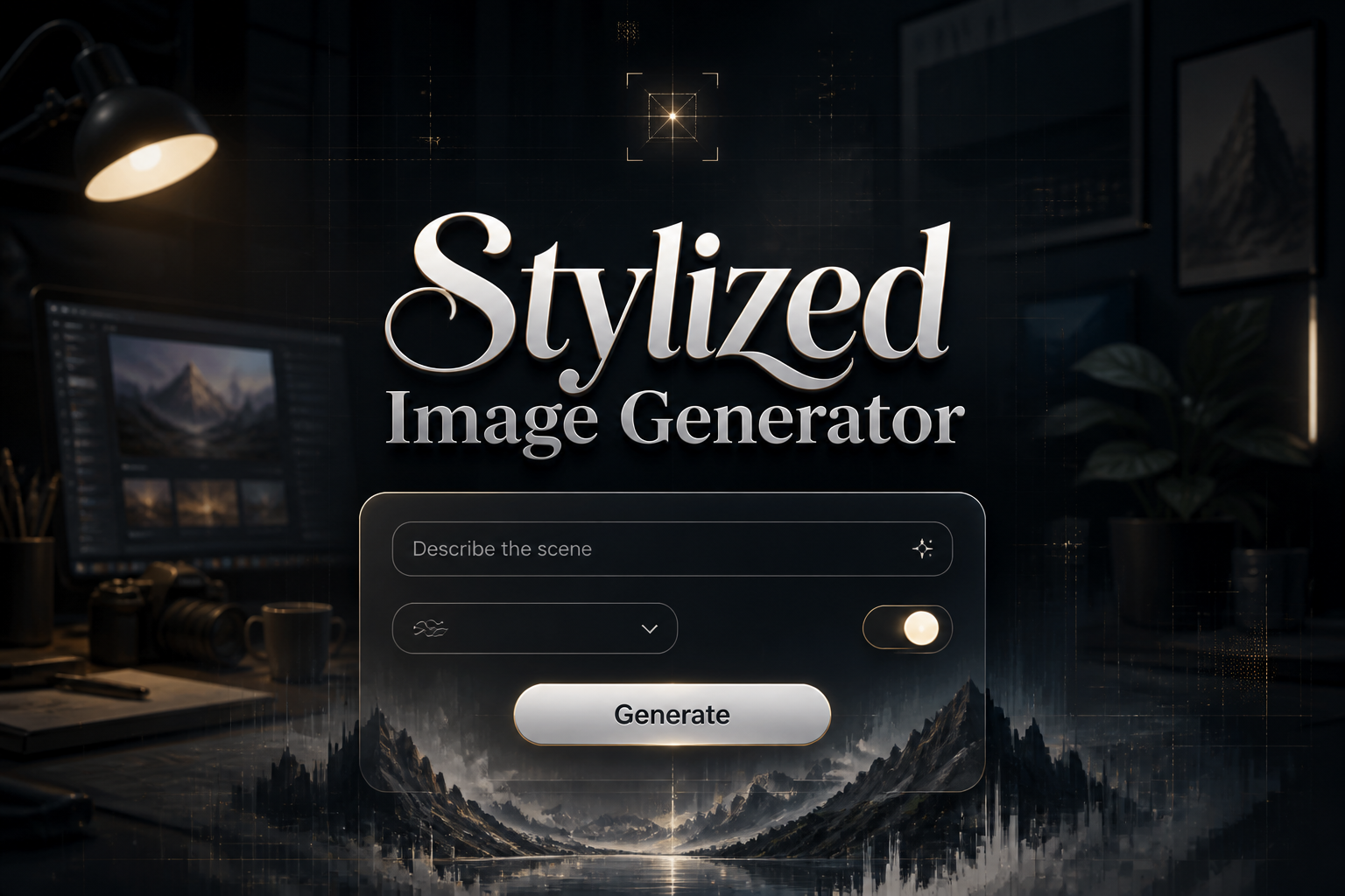 Centered premium hero UI for a stylized image generator tool shows the title Stylized Image Generator above a prompt field, style dropdown, toggle, and Generate button, with subtle grid lines and a futuristic creative workspace background.