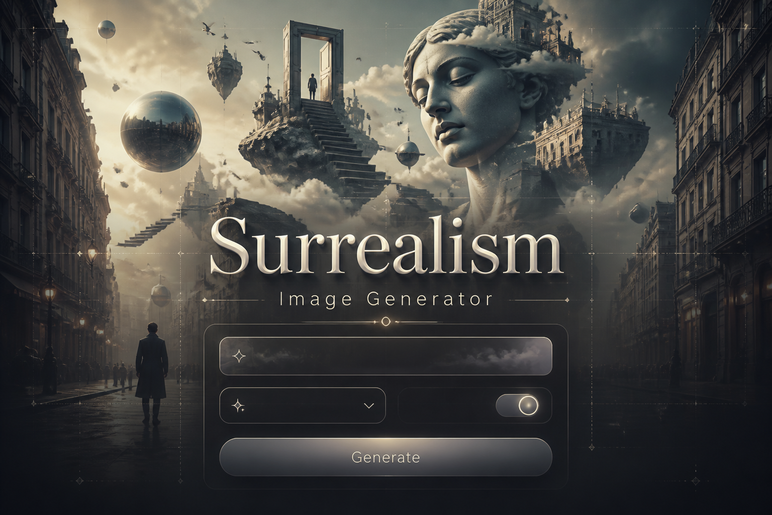 Centered hero UI for a surrealism image generator with the title "Surrealism Image Generator," a prompt field, style dropdown, dream intensity toggle, and Generate button over a cinematic surreal city street with floating objects and faint grid lines.