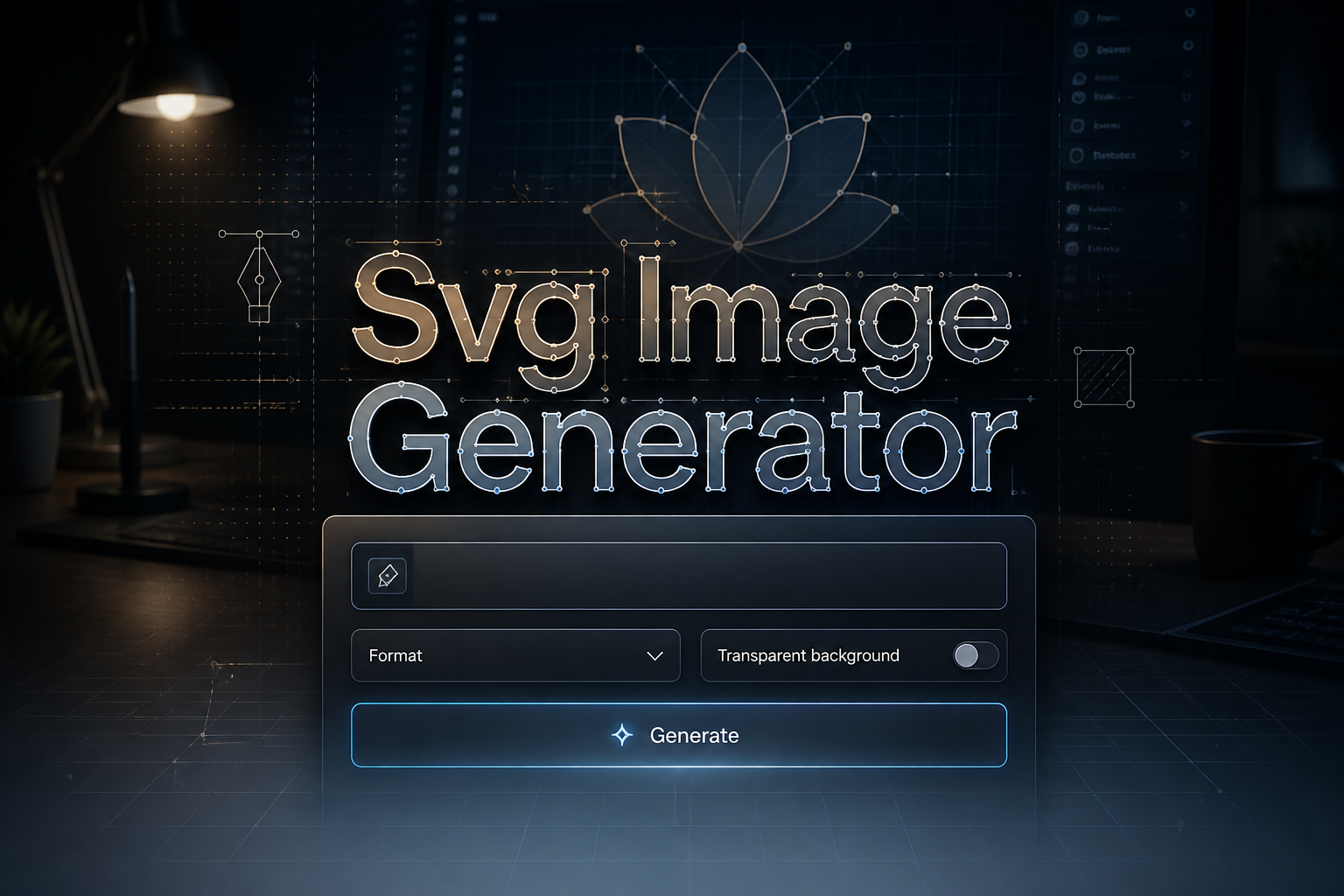 Centered hero graphic for a Svg Image Generator tool with a soft-shadow title, a subtle UI panel showing an SVG prompt input, Format dropdown, Transparent background toggle, and Generate button over a sleek grid-based workflow background.