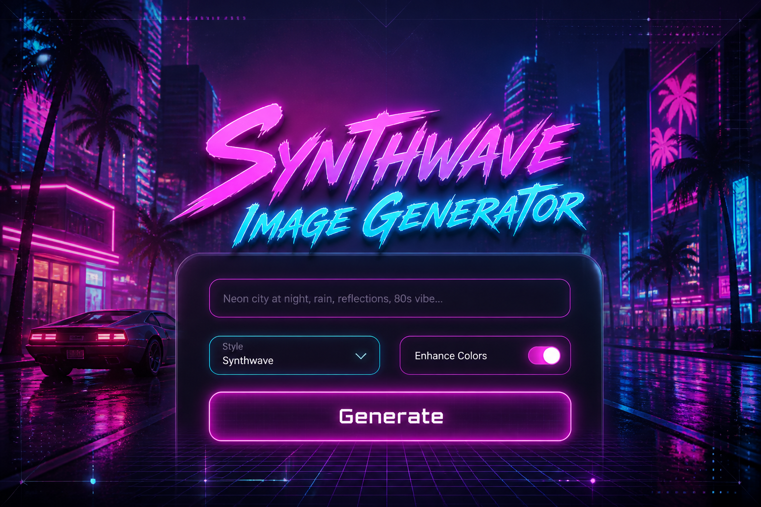 Centered synthwave image generator hero art shows the title text with soft neon glow above a sleek UI panel with a prompt field, style dropdown, toggle, and Generate button over a neon city street with magenta, cyan, and violet grid accents.