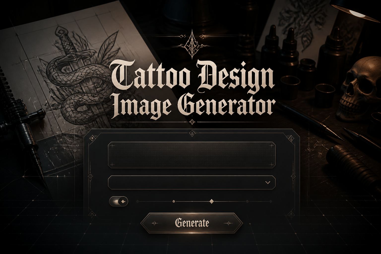 Centered sleek hero panel for a tattoo design image generator with the title Tattoo Design Image Generator, a prompt field, style dropdown, linework toggle, and Generate button over a moody tattoo artist workspace with sketch, grid hints, and premium UI details.