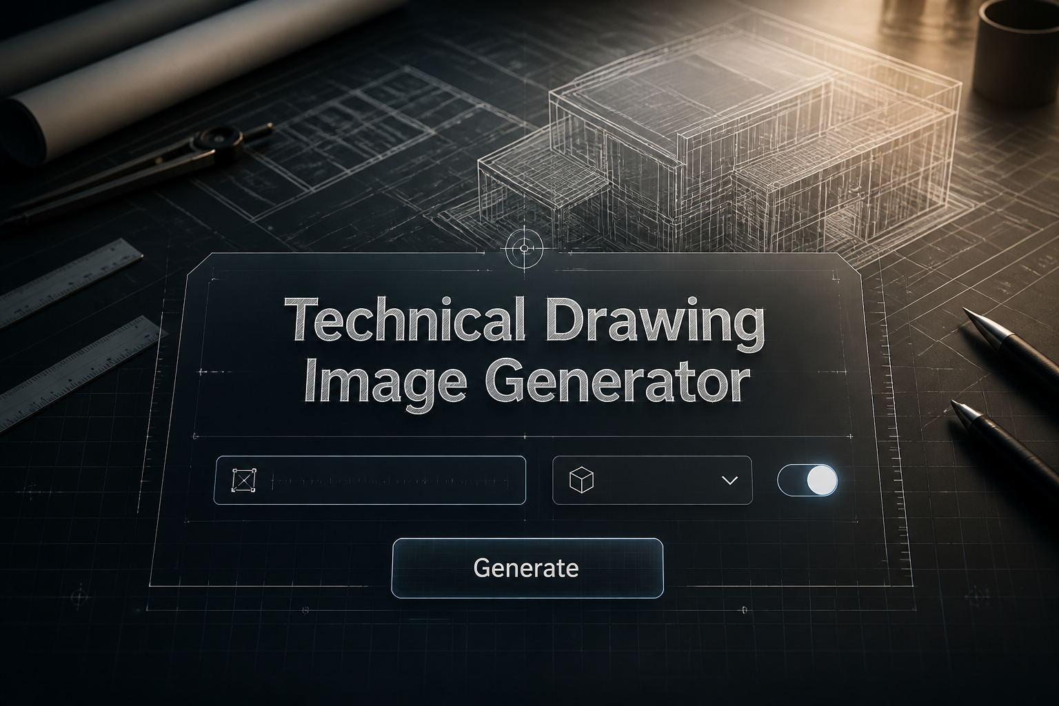 Featured hero image of a technical drawing image generator tool with centered title, a refined UI panel with project size input, style dropdown, precision toggle, and Generate button over a fading architectural drafting background with subtle grid lines.