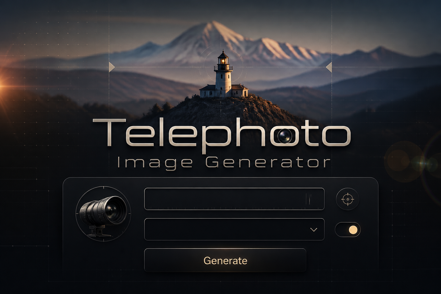 Premium telephoto image generator hero graphic with centered UI panel, focal-length input, subject-distance dropdown, zoom toggle and Generate button over a compressed distant photography scene, ideal for telephoto image generation tools.