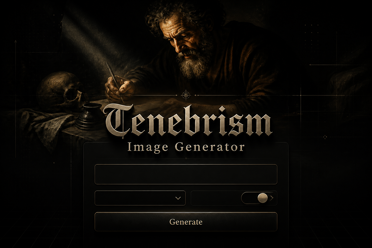 Centered hero graphic for a tenebrism image generator showing the title in deep black shadow above a refined UI panel with a subject field, blank dropdown, contrast toggle, and Generate button, with dramatic light and shadow in the background.