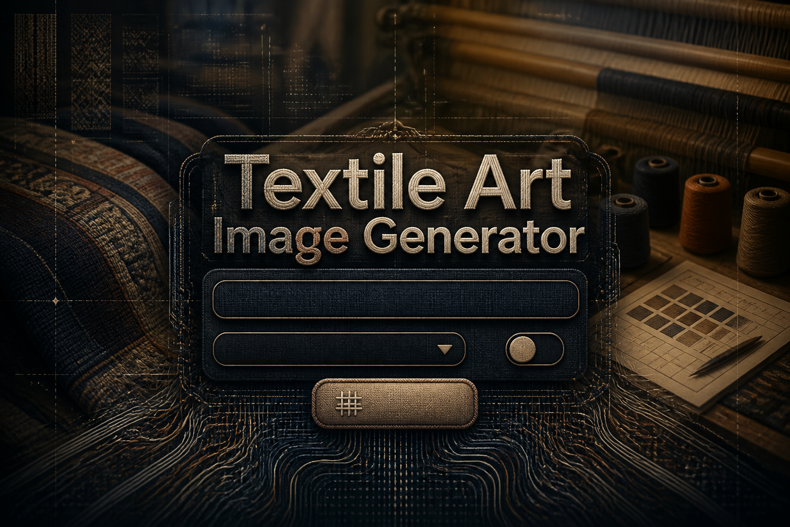 Centered hero graphic for a textile art image generator, with the title text "Textile Art Image Generator" over a sleek UI panel featuring a woven-pattern prompt field, textile style dropdown, pattern density toggle, and Generate button fading into threadlike fibers.