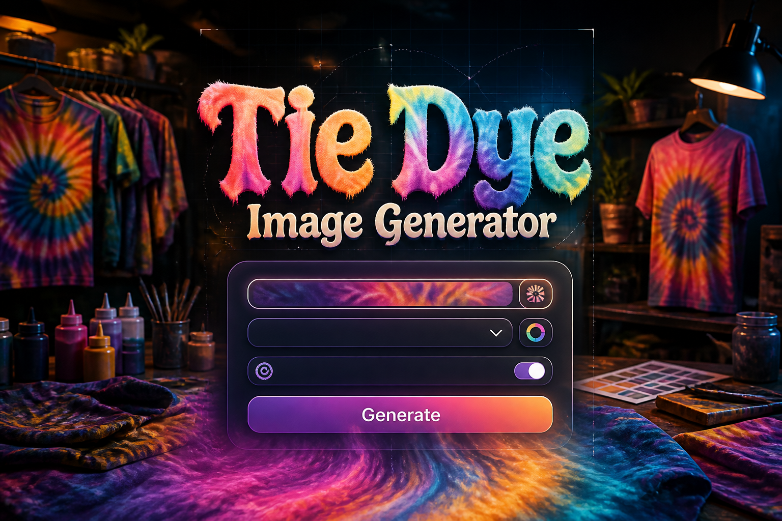 Hero image for a tie dye image generator tool showing a centered sleek UI panel with style, palette, pattern, and Generate controls, merging into swirling fabric dye over a colorful creative workspace background.