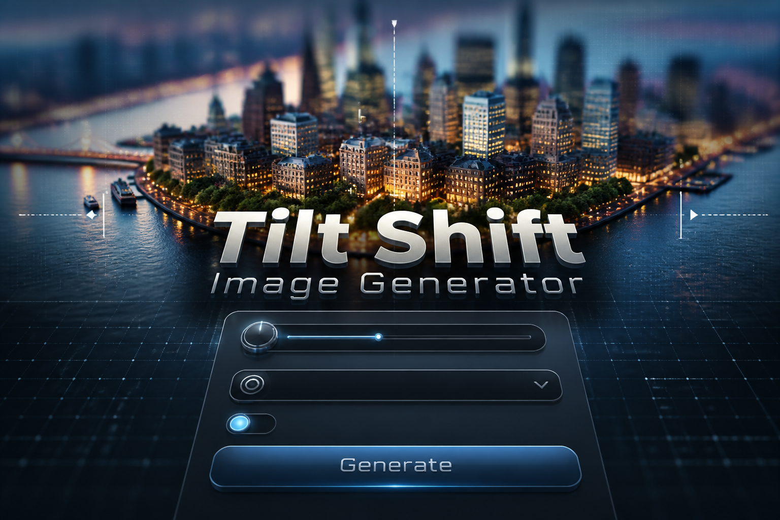Centered hero graphic for a tilt shift image generator showing a sleek UI panel with the title "Tilt Shift Image Generator," a blur amount field, focus style dropdown, miniature effect toggle, and a "Generate" button over a moody cityscape with soft depth blur and subtle grid accents.