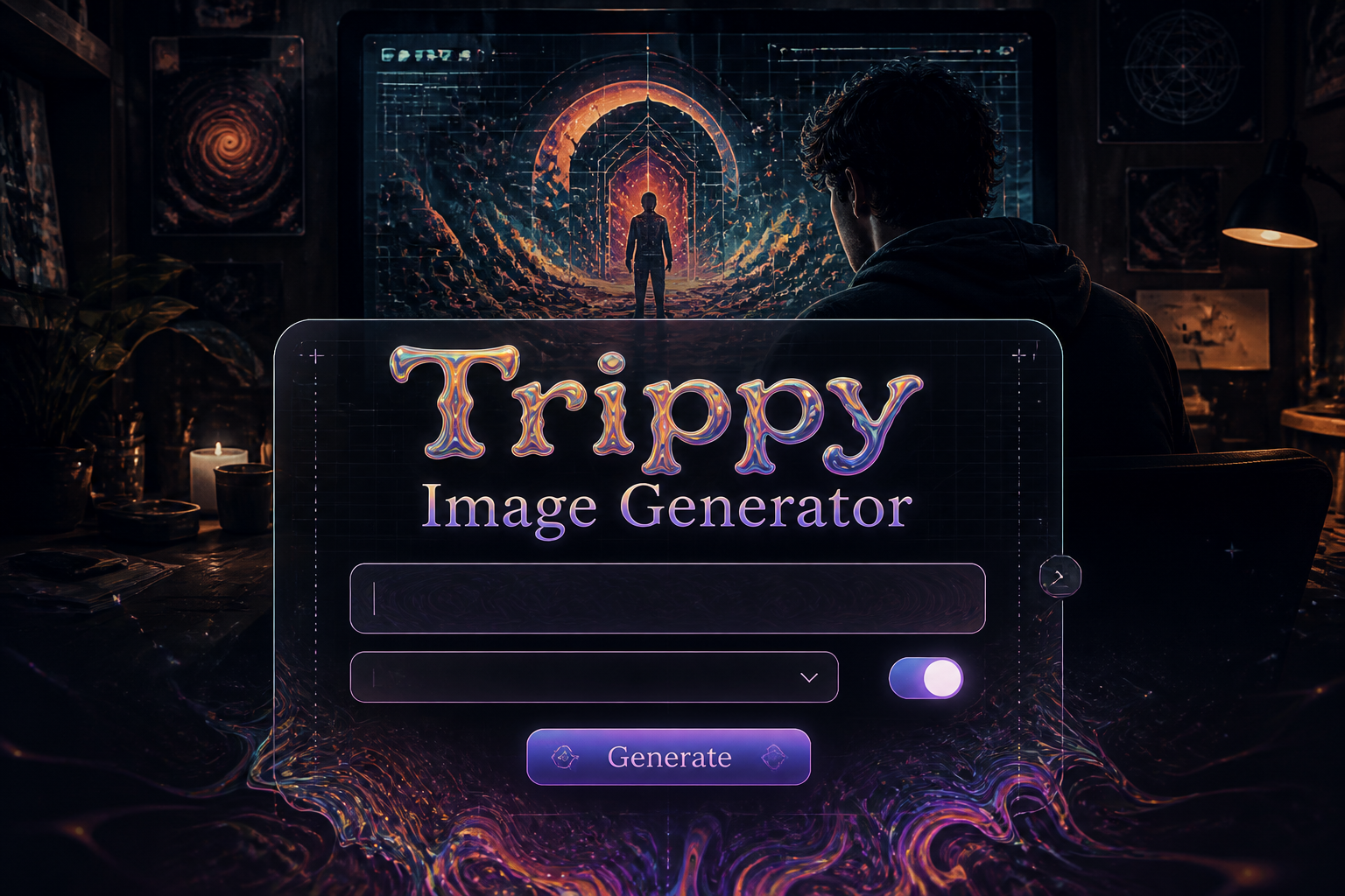 Centered hero image for a Trippy Image Generator with glowing title text, minimal prompt field, style dropdown, effect toggle, and Generate button, fading into psychedelic distortion on a sleek dark UI background.
