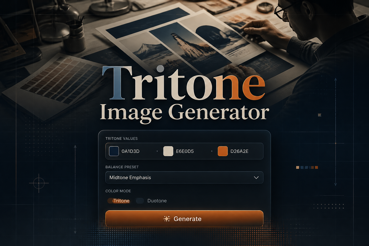 Centered hero image with "Tritone Image Generator" in tritone-inspired typography above a sleek UI panel showing a tritone values input, dropdown selector, color mode toggle, and Generate button, with a designer color-proof background.
