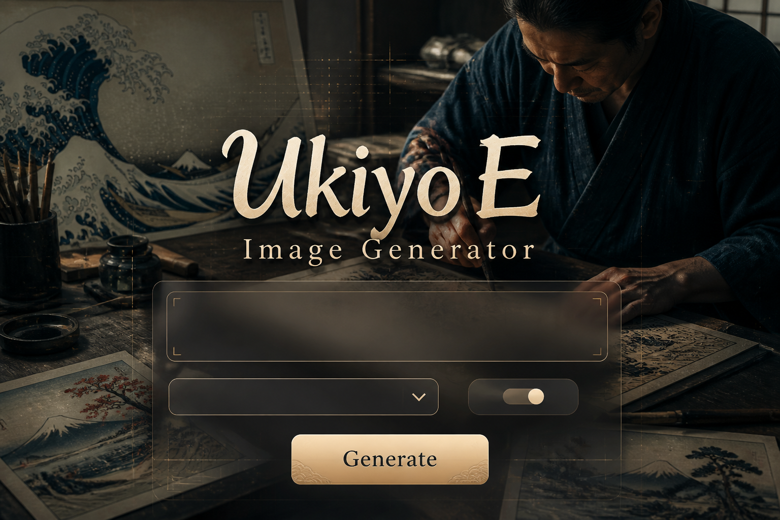 Centered hero graphic for a Ukiyo E Image Generator with a soft-shadow title, refined UI panel, prompt field, style dropdown, toggle and Generate button, over an artist woodblock scene with subtle grid lines and premium ukiyo-e image generator interface design.