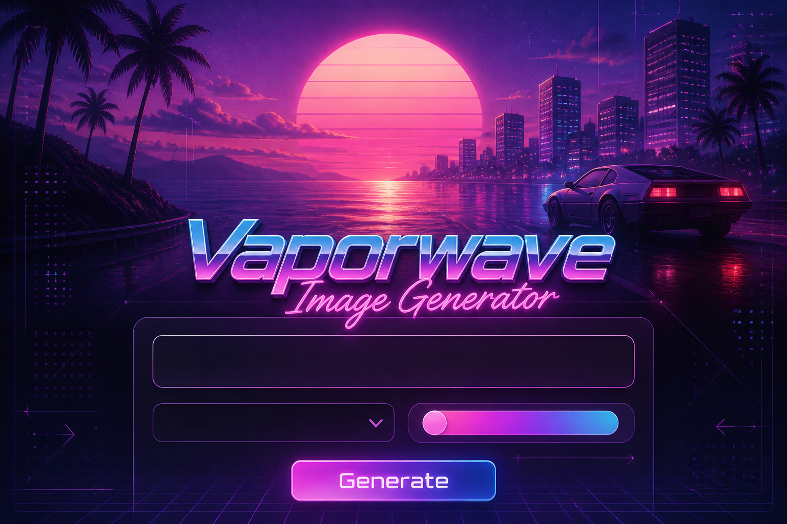 Centered vaporwave hero graphic with the title Vaporwave Image Generator, a sleek UI panel with prompt field, style dropdown, color palette toggle and Generate button, plus a neon retro synthwave background for an AI art generator interface.