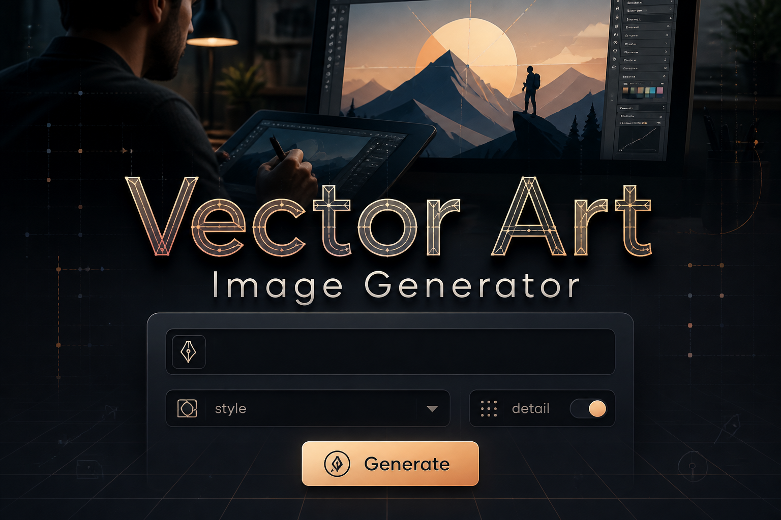 Centered hero graphic for a vector art image generator tool with the title "Vector Art Image Generator," a prompt field, style dropdown, detail toggle, and Generate button, over a premium designer tablet-and-monitor scene with subtle grid lines and vector illustration workflow cues.