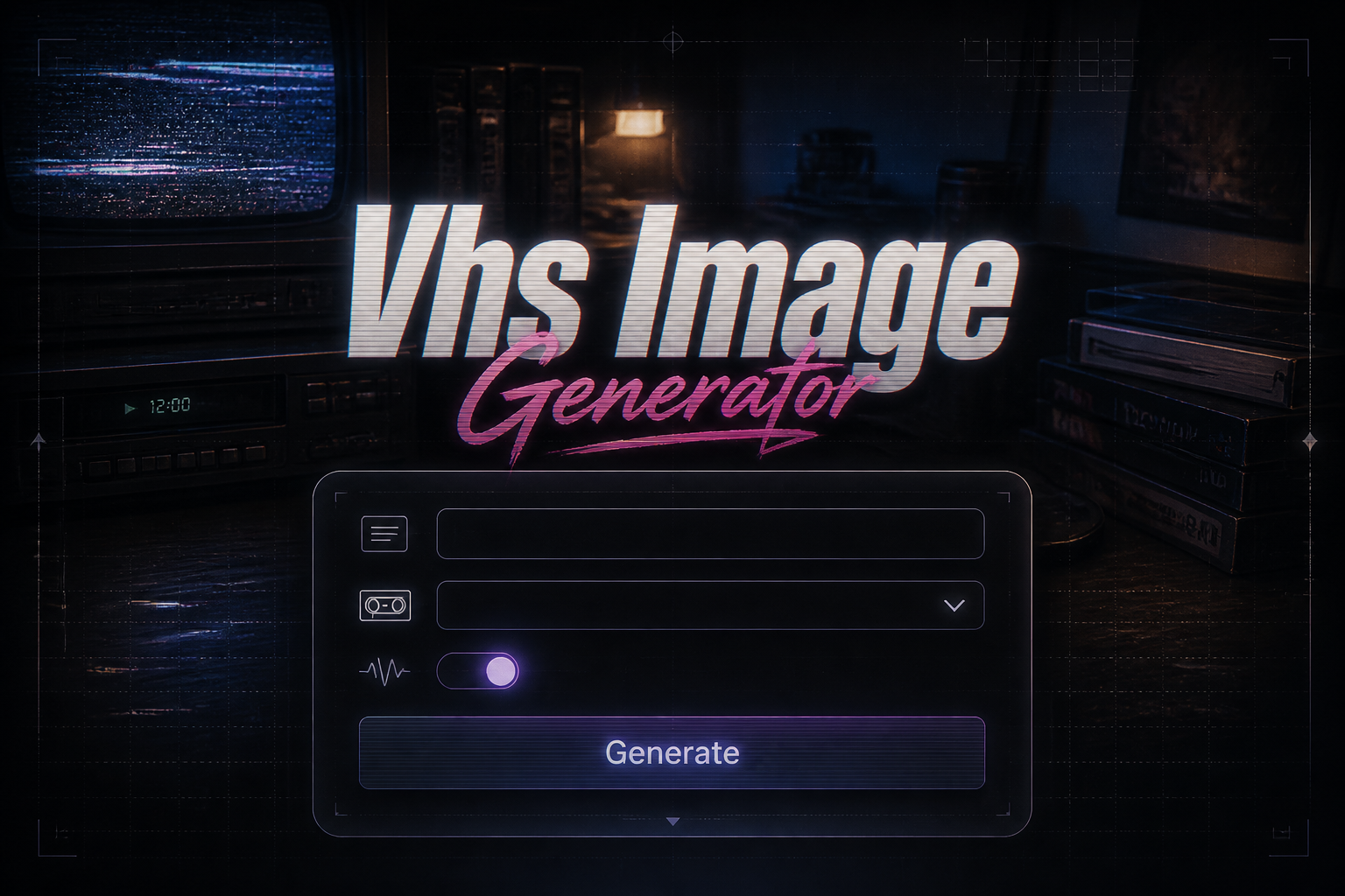 Centered retro-futuristic hero panel for Vhs Image Generator with VHS-style typography, a prompt field, tape style dropdown, distortion glow toggle, and Generate button over a dark analog media background with subtle grid lines and reflections.