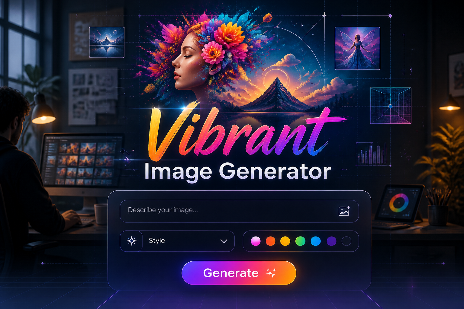 Centered vibrant image generator hero graphic with the title Vibrant Image Generator, a refined AI tool panel, prompt field, style dropdown, vivid color palette toggle, and Generate button over a polished creative workspace background with subtle grid guides and modern UI details.