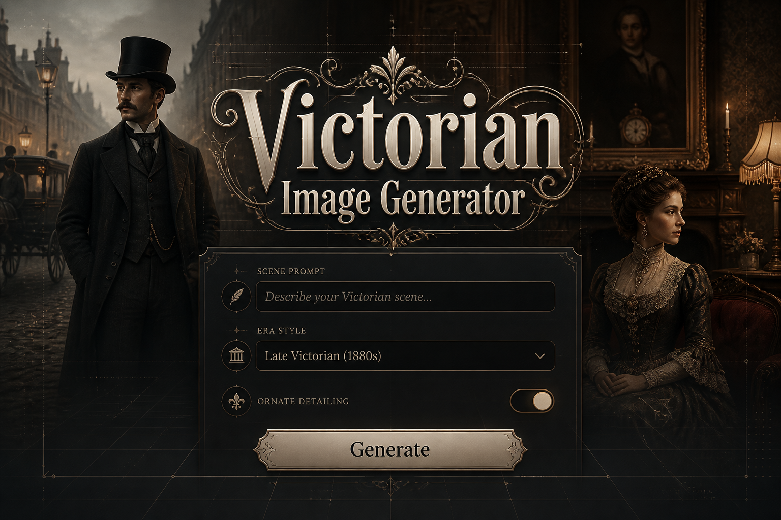 Victorian Image Generator headline in elegant shadowed typography above a refined UI panel with scene prompt, era style dropdown, ornate detailing toggle and Generate button, set over a fading Victorian street portrait with subtle grid lines.