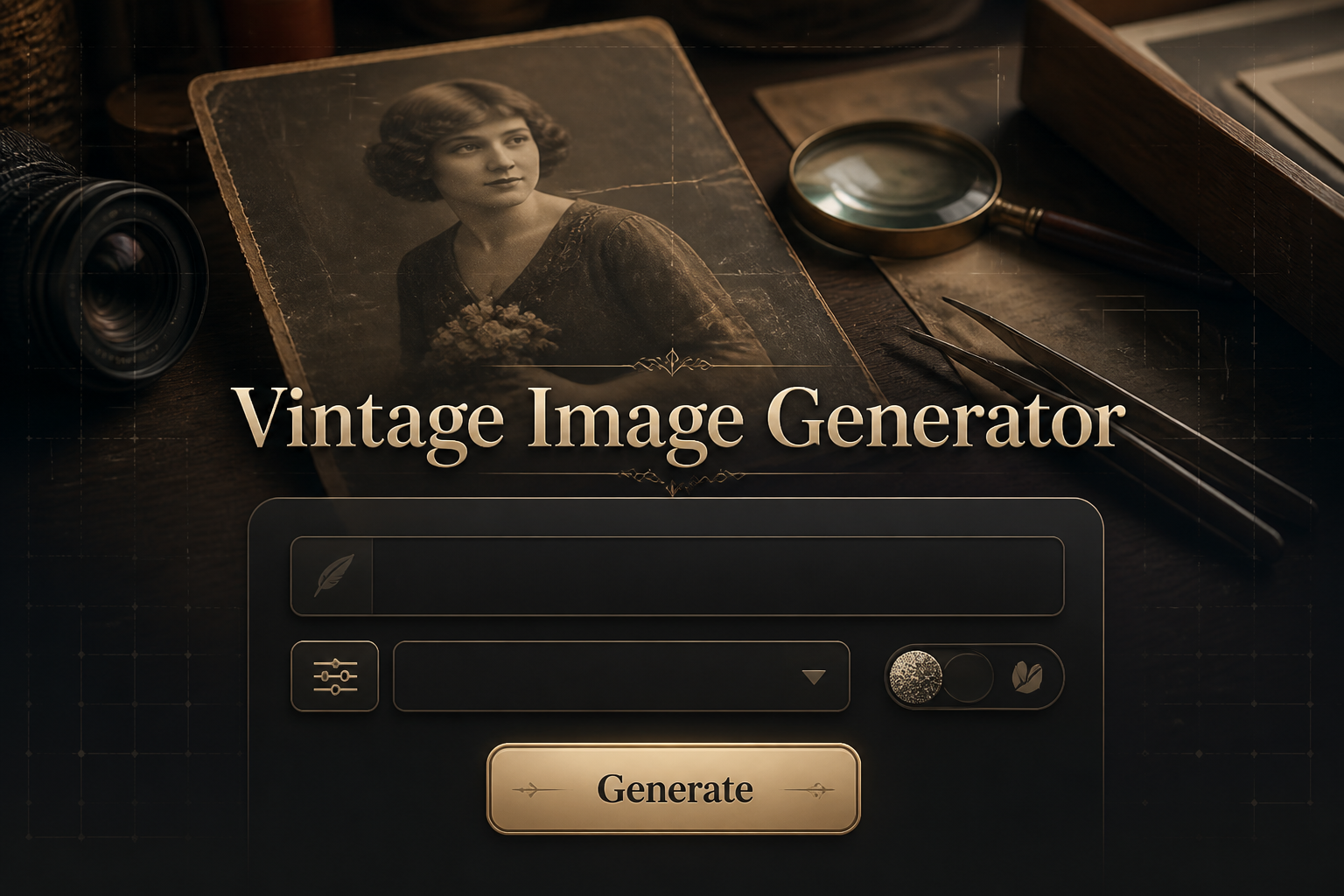 Centered vintage image generator hero with a refined UI panel, prominent Vintage Image Generator title, prompt field, style dropdown, grain or sepia toggle, and Generate button over a restored vintage photo workspace, ideal for vintage photo generator and retro image editor use cases